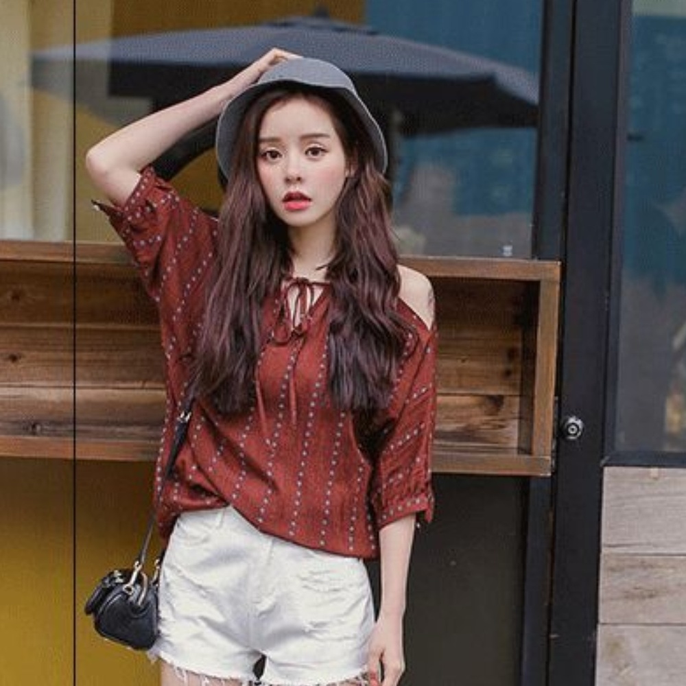 Off-Shoulder Tie-Neck Patterned Ruby Red Blouse